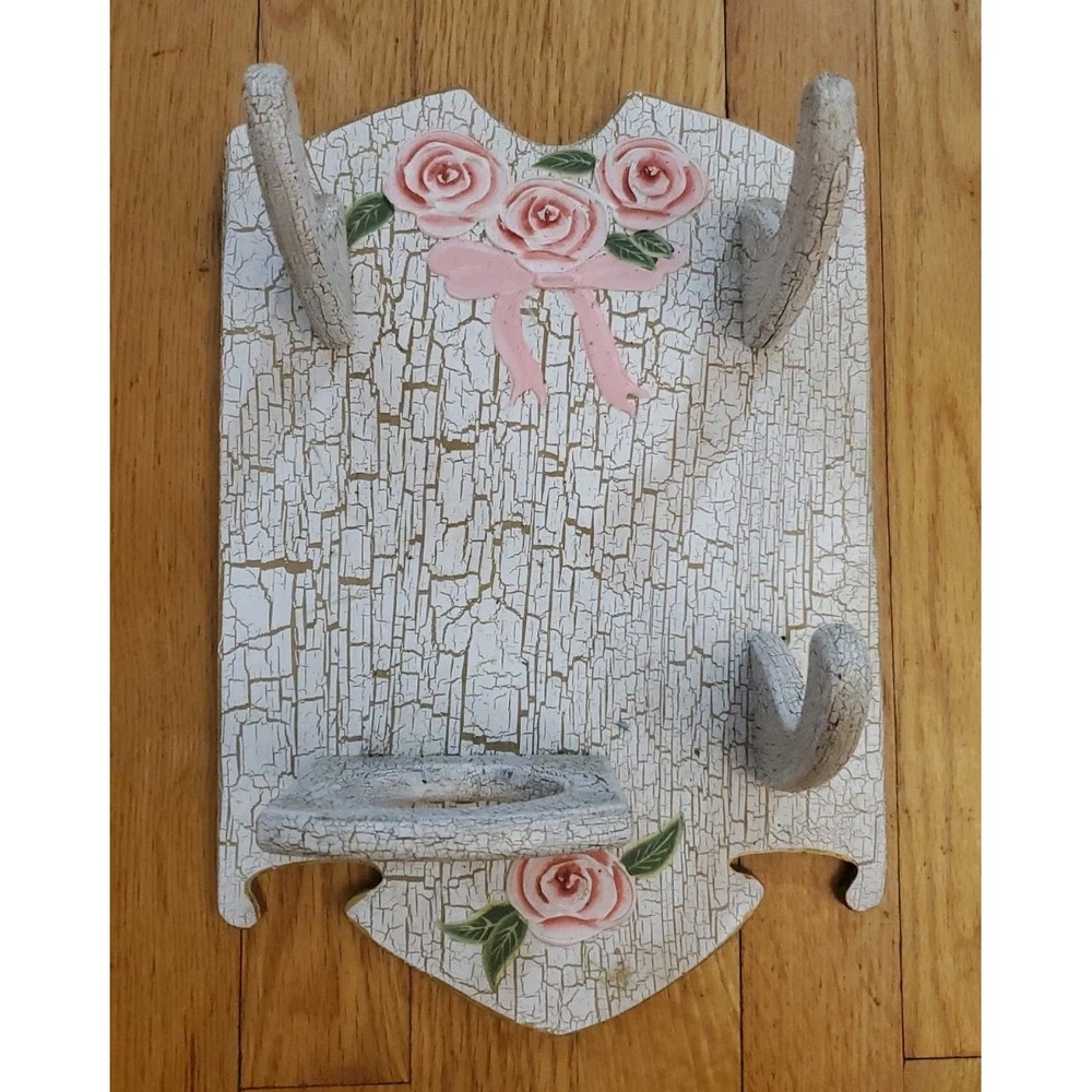 Vintage Shabby Chic Wood Wall Shelf Vanity Organizer Crackle Paint Rose Ribbon